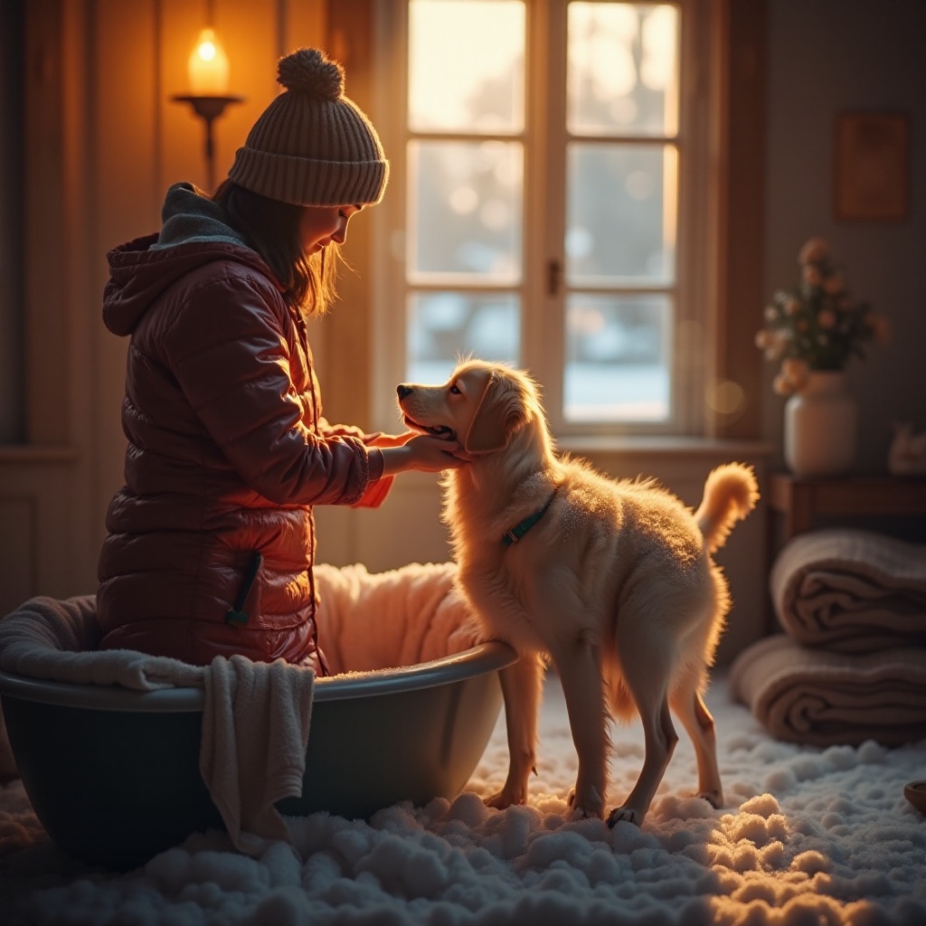 bathing a dog in the winter