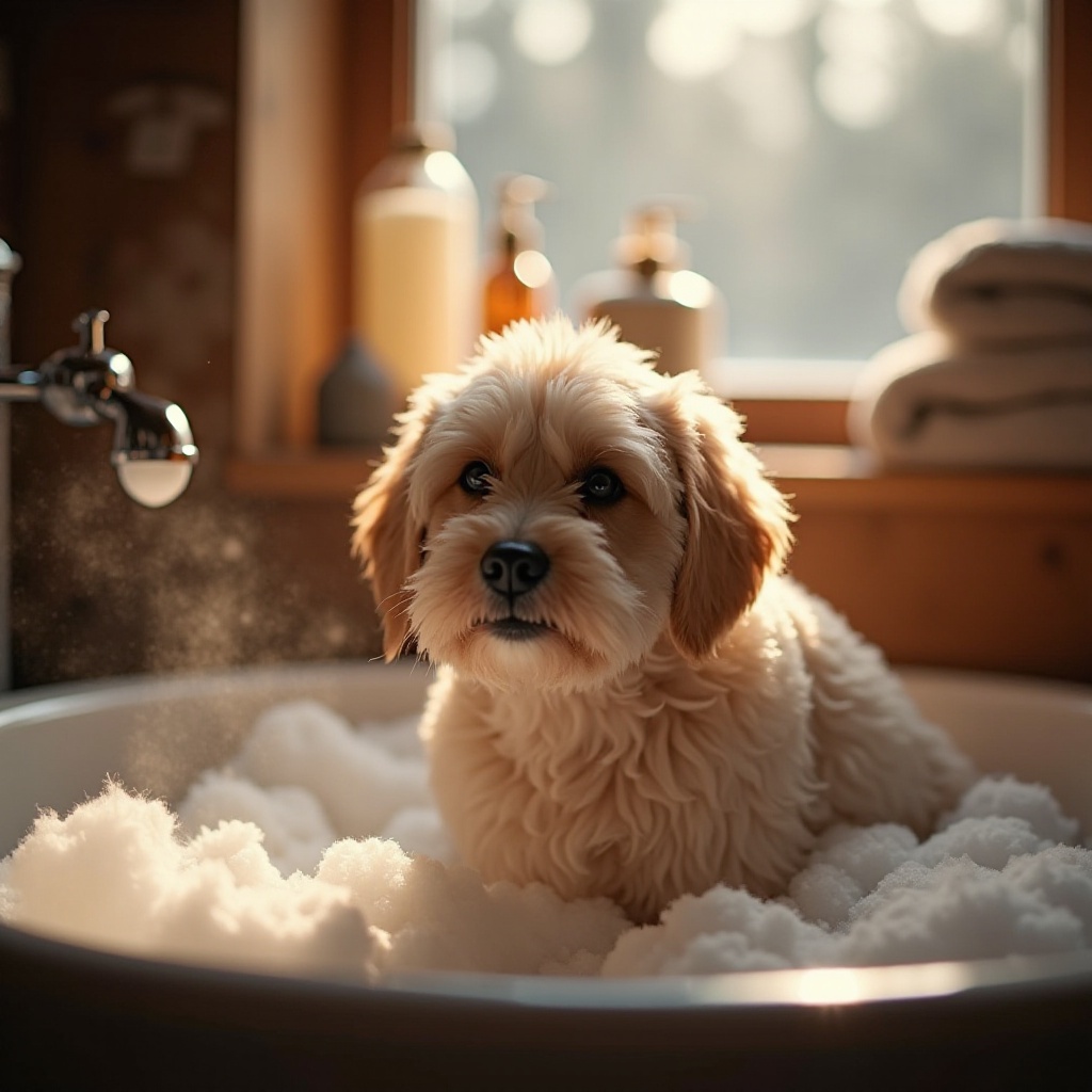 een hond wassen in de winter