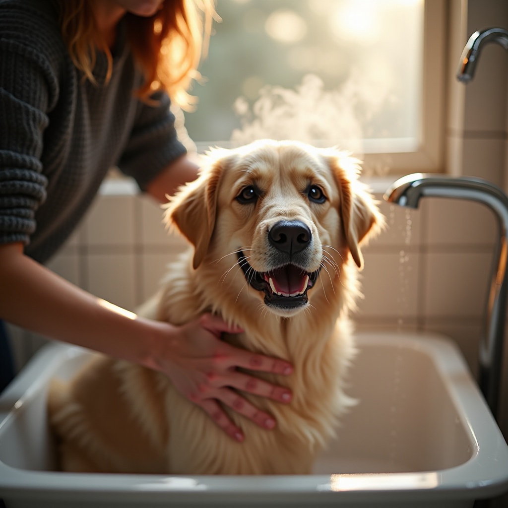 bathing a dog in the winter